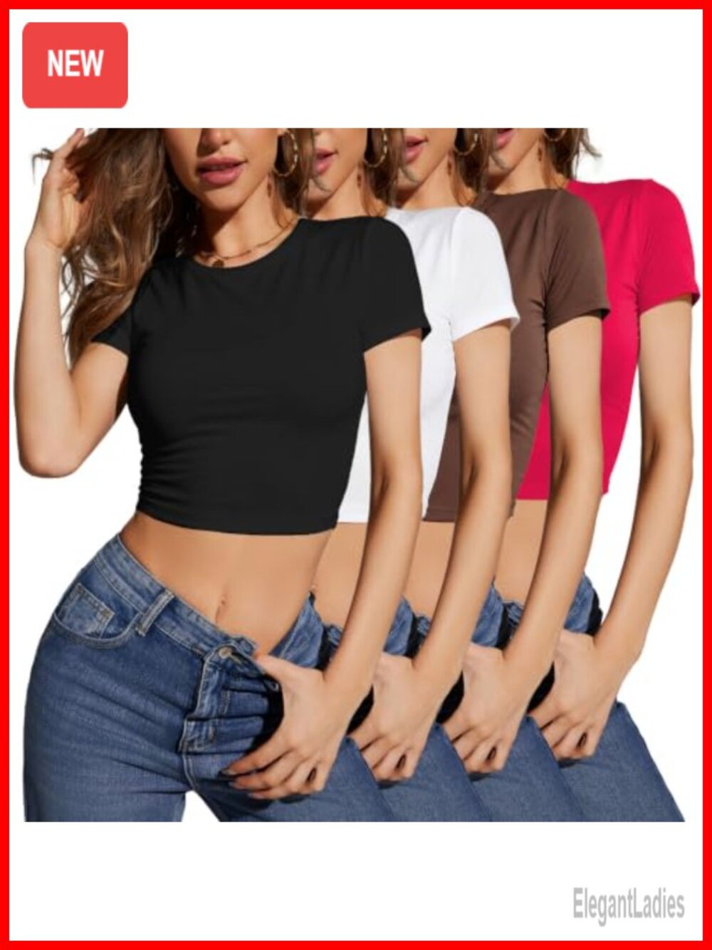 Women's Slim Fit Crop T-Shirt 4-Pack Knit Short Sleeve Crew Neck